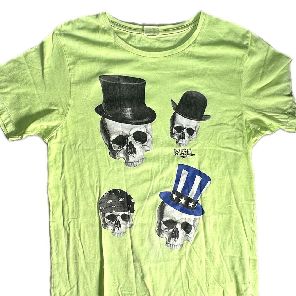 Diesel 100% Cotton Neon Tee with 4 Skulls in Hats Graphic - Size L/XL
